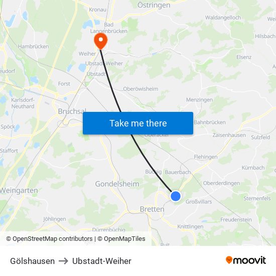 Gölshausen to Ubstadt-Weiher map