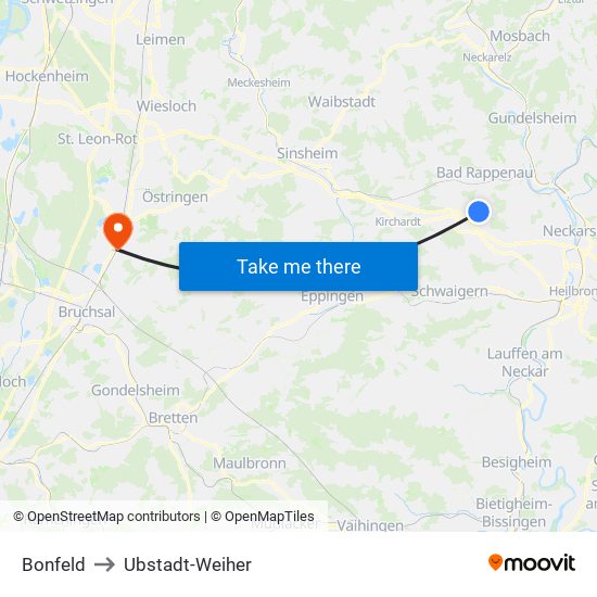 Bonfeld to Ubstadt-Weiher map