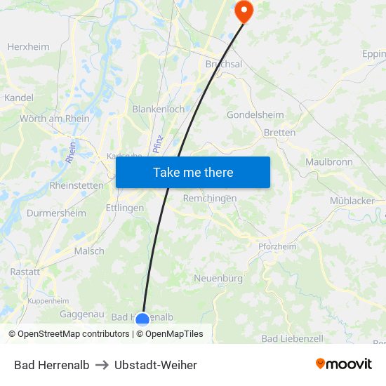 Bad Herrenalb to Ubstadt-Weiher map