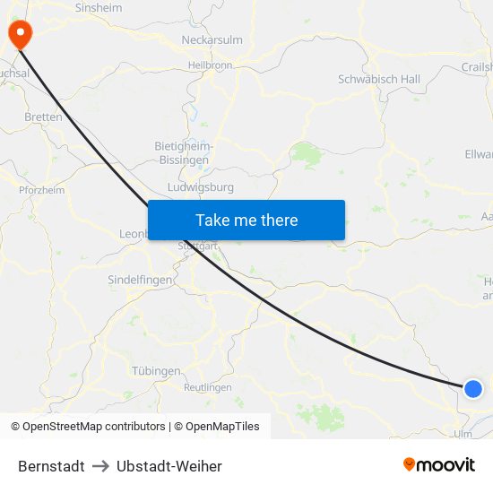 Bernstadt to Ubstadt-Weiher map