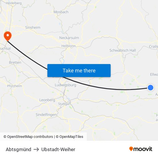 Abtsgmünd to Ubstadt-Weiher map