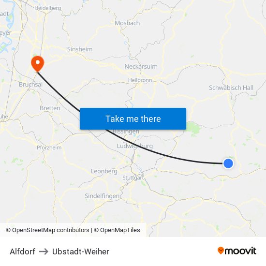 Alfdorf to Ubstadt-Weiher map