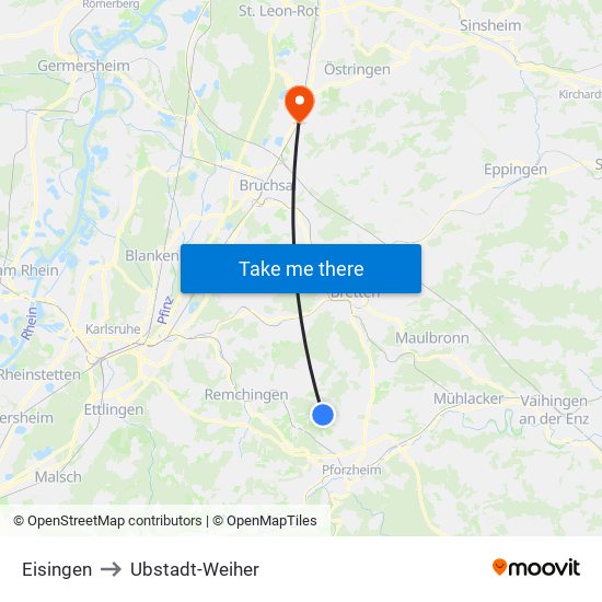 Eisingen to Ubstadt-Weiher map