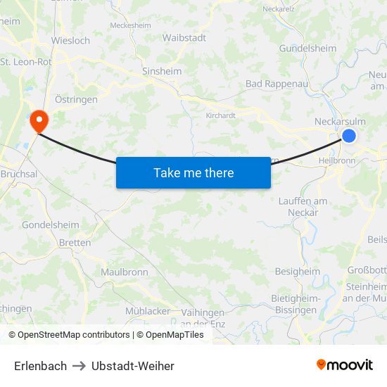 Erlenbach to Ubstadt-Weiher map