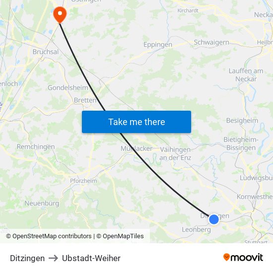 Ditzingen to Ubstadt-Weiher map