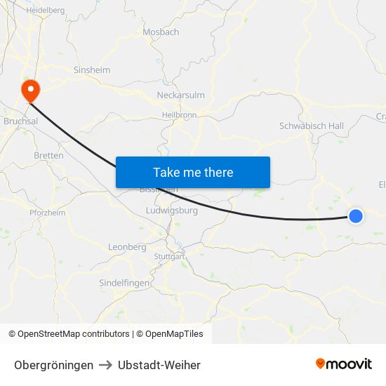 Obergröningen to Ubstadt-Weiher map