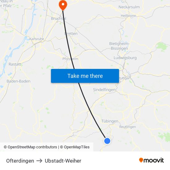 Ofterdingen to Ubstadt-Weiher map