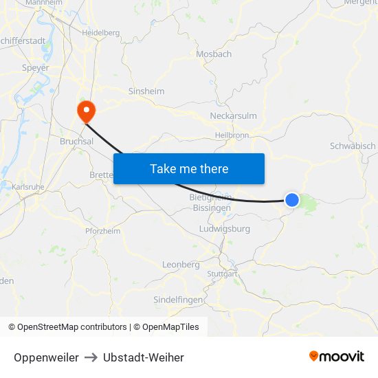 Oppenweiler to Ubstadt-Weiher map