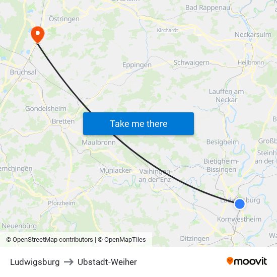 Ludwigsburg to Ubstadt-Weiher map