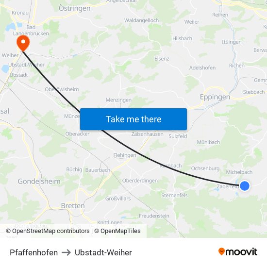 Pfaffenhofen to Ubstadt-Weiher map