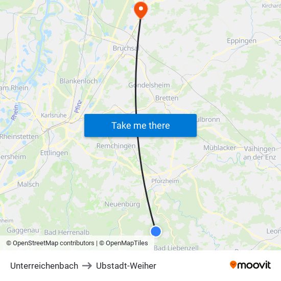 Unterreichenbach to Ubstadt-Weiher map