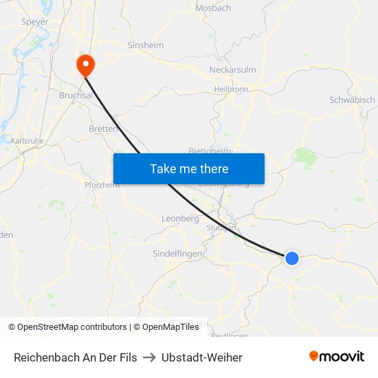 Reichenbach An Der Fils to Ubstadt-Weiher map