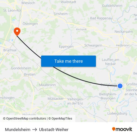 Mundelsheim to Ubstadt-Weiher map