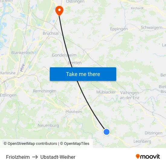 Friolzheim to Ubstadt-Weiher map