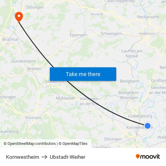 Kornwestheim to Ubstadt-Weiher map