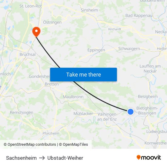 Sachsenheim to Ubstadt-Weiher map