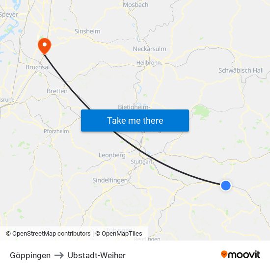 Göppingen to Ubstadt-Weiher map