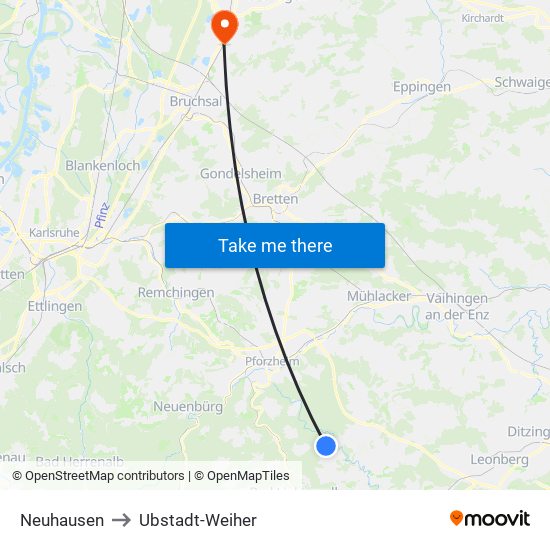 Neuhausen to Ubstadt-Weiher map