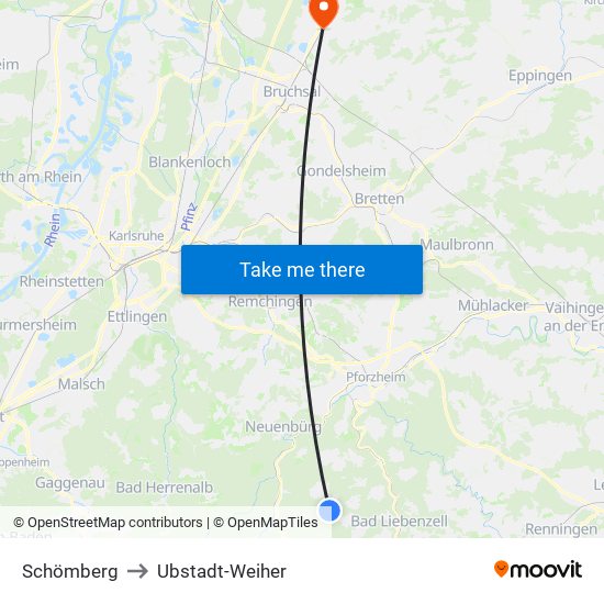 Schömberg to Ubstadt-Weiher map