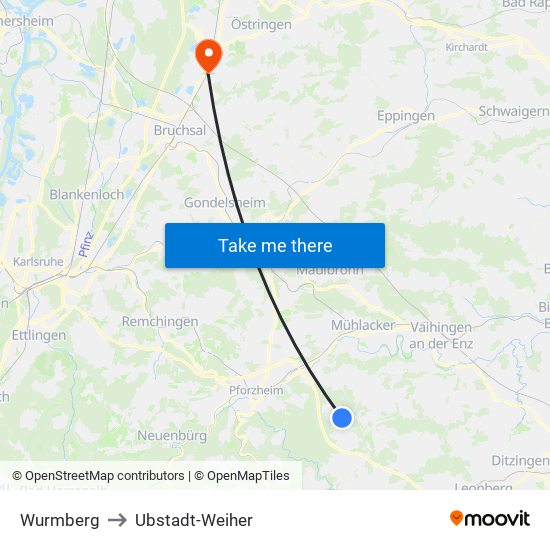 Wurmberg to Ubstadt-Weiher map