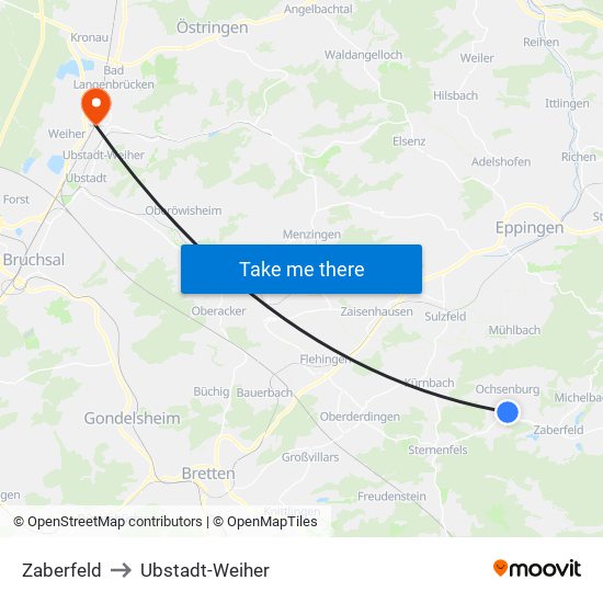 Zaberfeld to Ubstadt-Weiher map