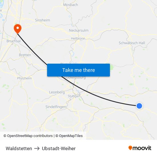 Waldstetten to Ubstadt-Weiher map