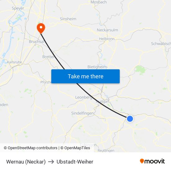 Wernau (Neckar) to Ubstadt-Weiher map