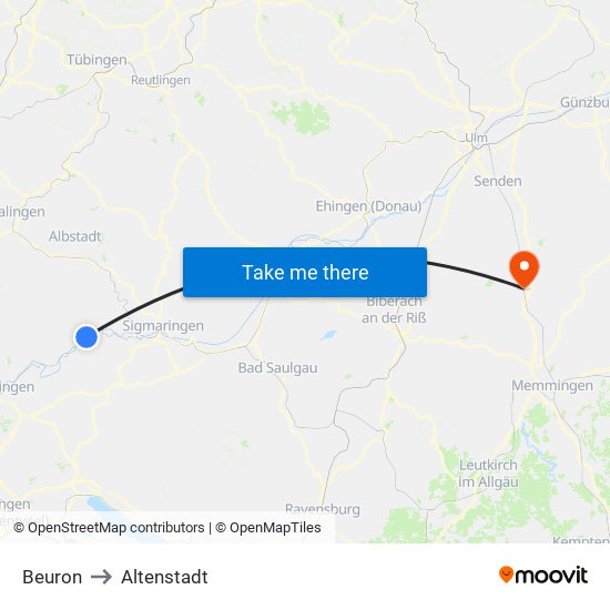 Beuron to Altenstadt map