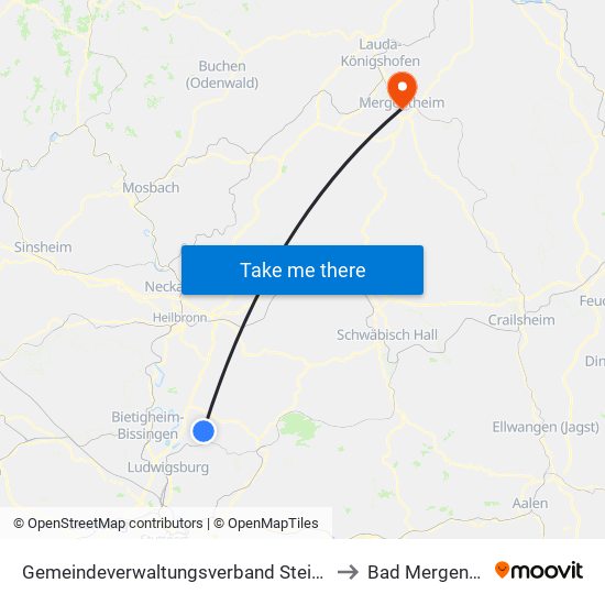 Gemeindeverwaltungsverband Steinheim-Murr to Bad Mergentheim map