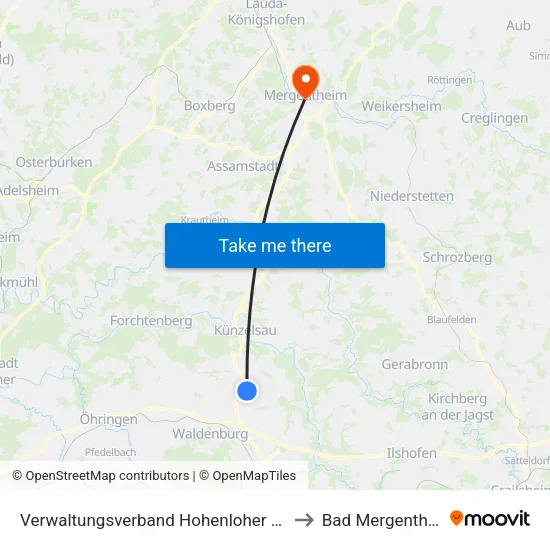 Verwaltungsverband Hohenloher Ebene to Bad Mergentheim map