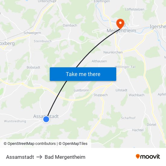 Assamstadt to Bad Mergentheim map