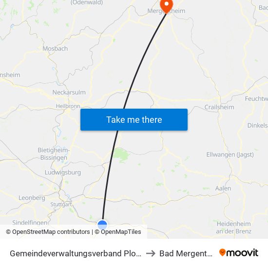 Gemeindeverwaltungsverband Plochingen to Bad Mergentheim map