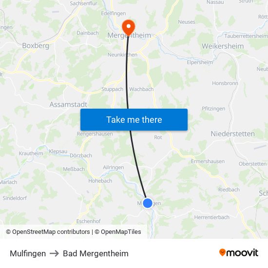 Mulfingen to Bad Mergentheim map