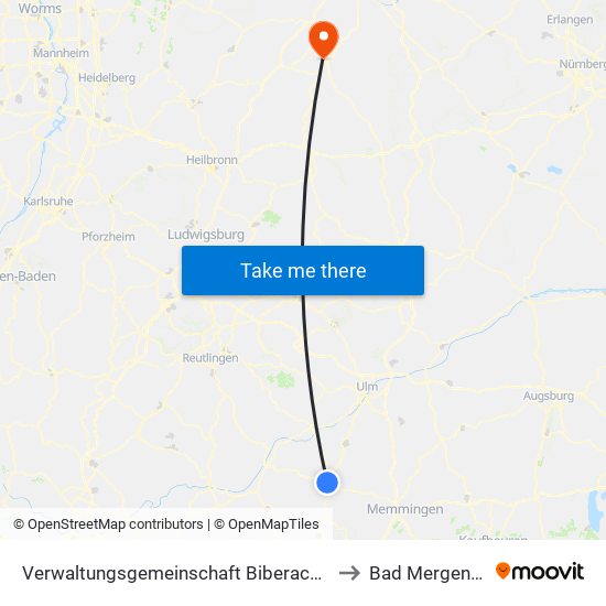 Verwaltungsgemeinschaft Biberach An Der Riß to Bad Mergentheim map