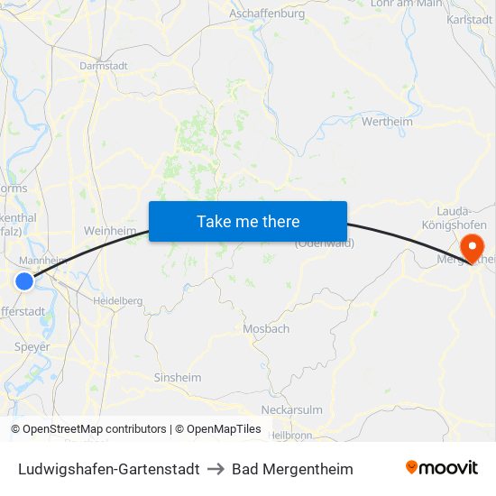 Ludwigshafen-Gartenstadt to Bad Mergentheim map