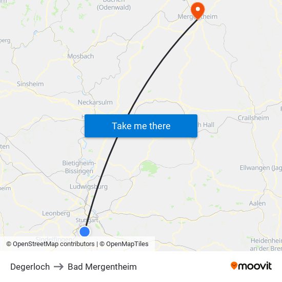 Degerloch to Bad Mergentheim map