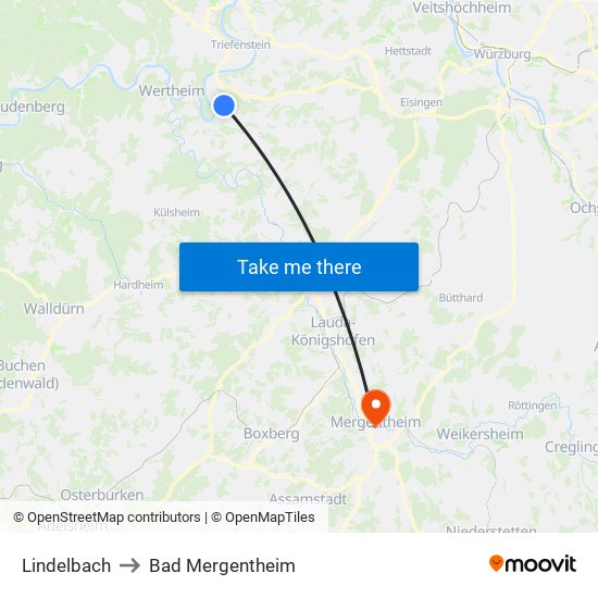 Lindelbach to Bad Mergentheim map