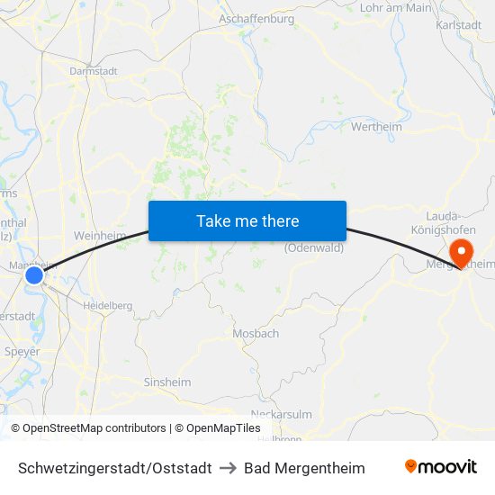 Schwetzingerstadt/Oststadt to Bad Mergentheim map