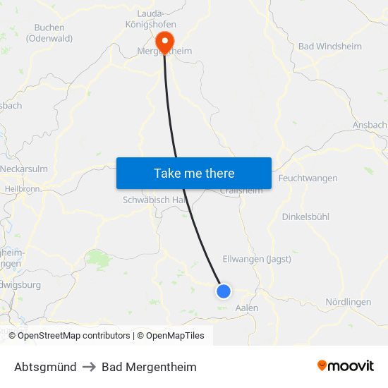 Abtsgmünd to Bad Mergentheim map