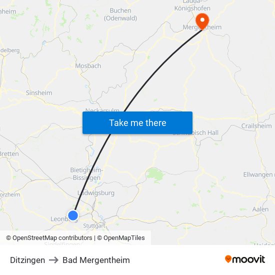 Ditzingen to Bad Mergentheim map