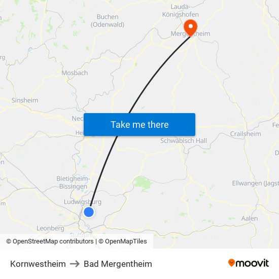 Kornwestheim to Bad Mergentheim map