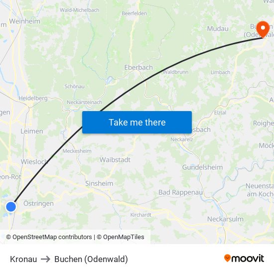 Kronau to Buchen (Odenwald) map