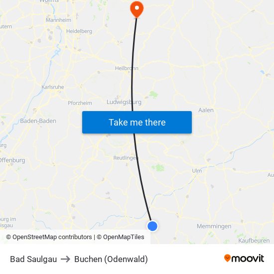 Bad Saulgau to Buchen (Odenwald) map