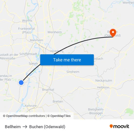 Bellheim to Buchen (Odenwald) map