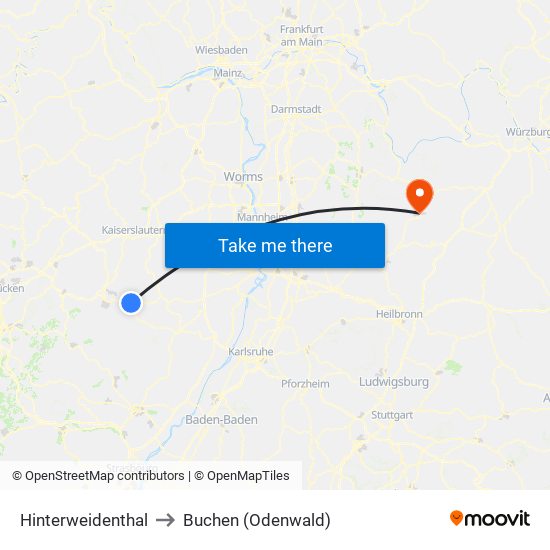 Hinterweidenthal to Buchen (Odenwald) map