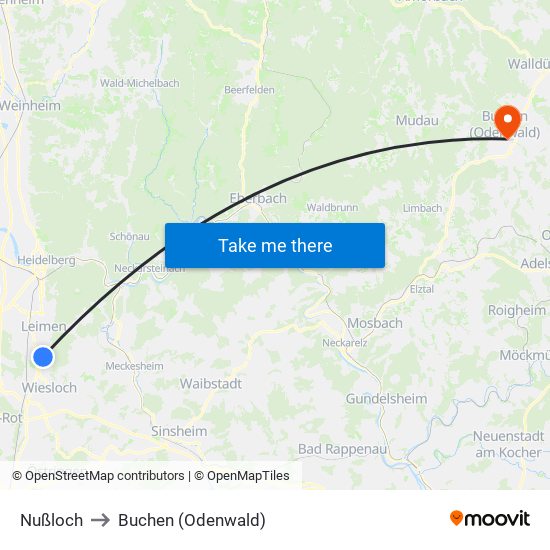 Nußloch to Buchen (Odenwald) map