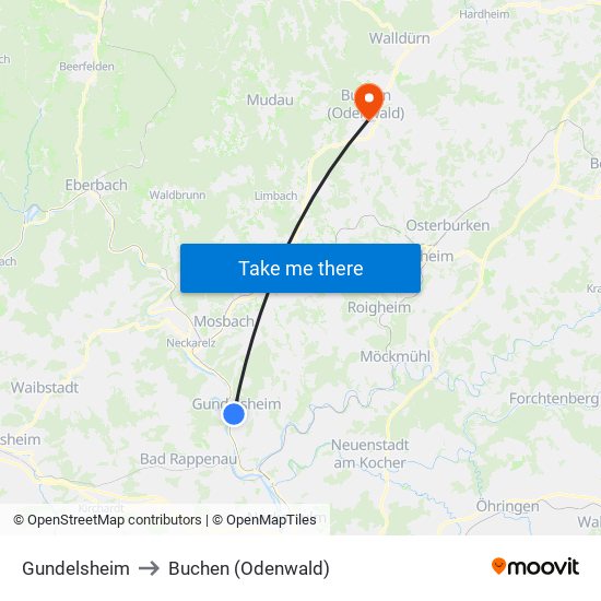 Gundelsheim to Buchen (Odenwald) map