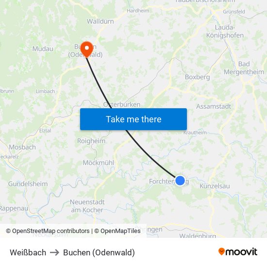 Weißbach to Buchen (Odenwald) map