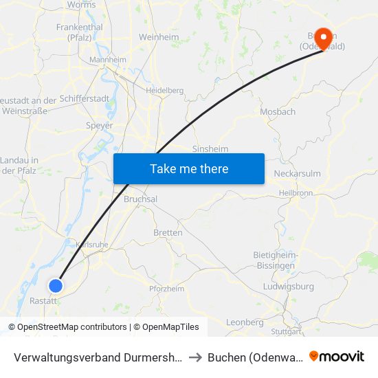 Verwaltungsverband Durmersheim to Buchen (Odenwald) map