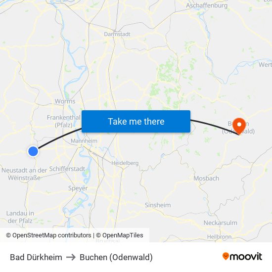 Bad Dürkheim to Buchen (Odenwald) map